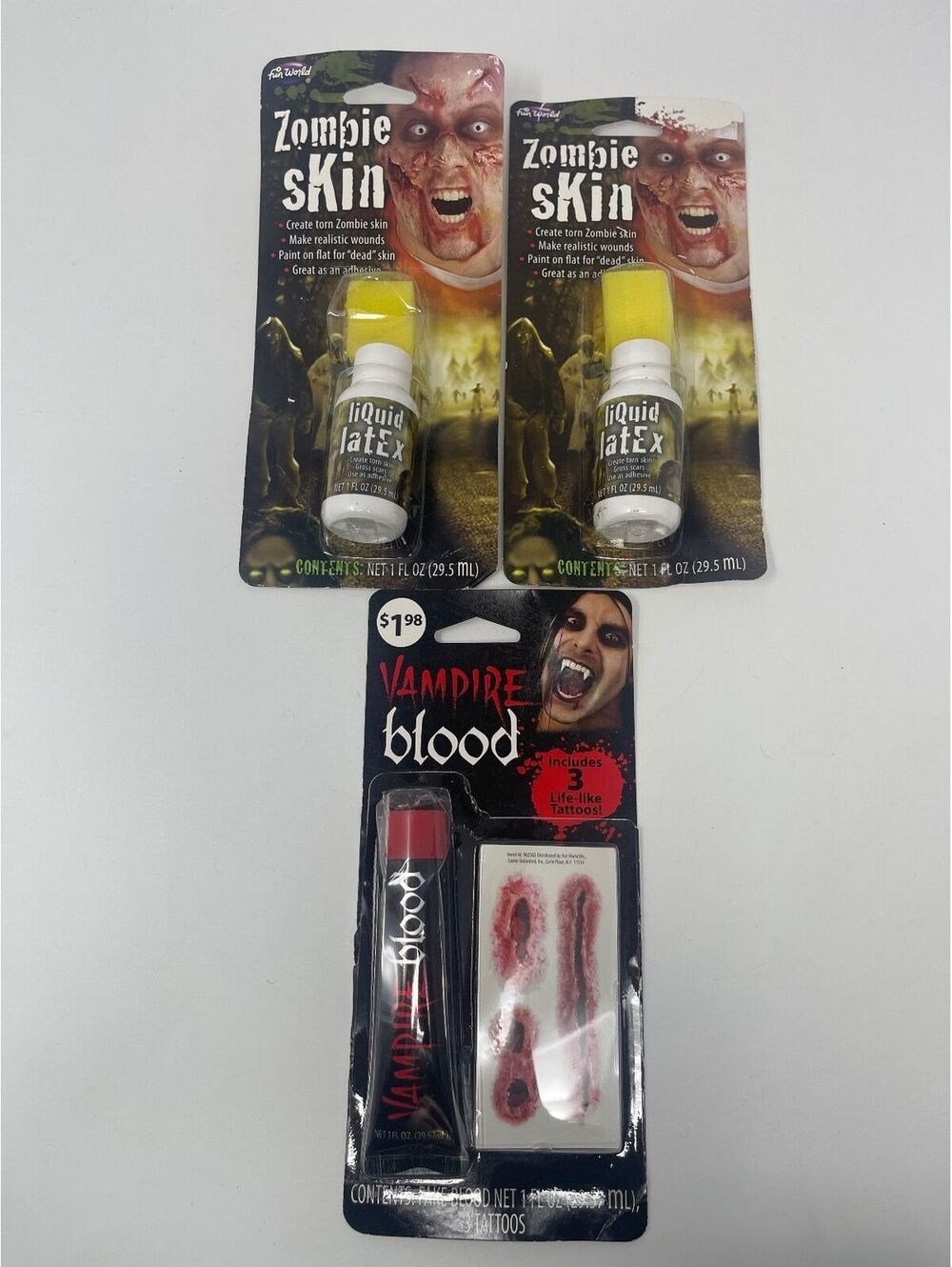 Fun World Halloween FX Makeup Lot Zombie Skin Liquid Latex Vampire Blood Tattoos